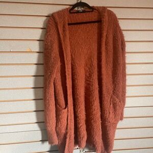L&B Lucky & Blessed Women's Rust Orange Fuzzy Knit Open Front Cardigan Sweater L